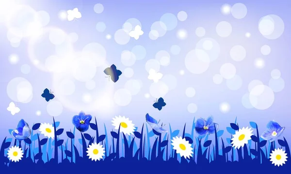 Весняно Блакитний Кольоровий Фон Першими Квітами Метеликами Життя Комах Лузі — стоковий вектор