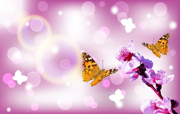 Метелики Намальована Леді Ванесса Кардуї Летить Квітучий Шпиль Персикового Дерева — стоковий вектор