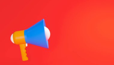 Metin için kopyalama alanı olan kırmızı arkaplan üzerindeki 3d hoparlör canlandırması.Dijital resim illüstrasyonu.