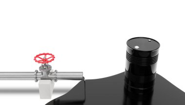 Açık kapakçık ve zeminde akan yağ ve kopyalama alanı olan metal varil ve beyaz bir arkaplanda izole edilmiş bir petrol boru hattının 3 boyutlu görüntüsü. Dijital resim çizimi.