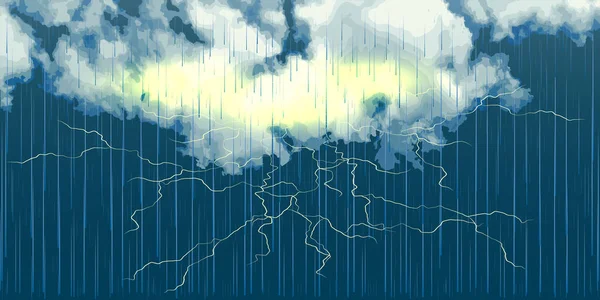 Realistic Clouds Rain Lightning Vector Illustration — Stok Vektör