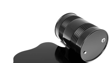 3d render of a damaged metal barrel of oil with copy space isolated on a white background.