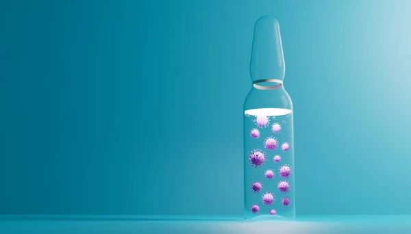 3d render of a glass medical ampoule with an antiviral drug. Illustration of a digital image for medicine.