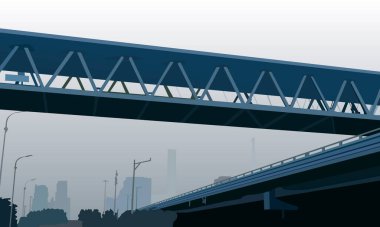 Üstgeçitleri ve sisli köprüleri olan bir şehir caddesini tasvir eden vektör çizimi odaların, ofislerin, afişlerin, kartların, kentsel tarzda posterlerin arka planlarının tasarımı için.