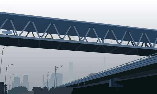 在雾中描绘有立交桥和立交桥的城市街道的矢量图 用于设计室内 办公室和横幅 城市风格的海报的背景 — 图库矢量图片