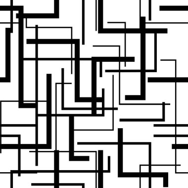 Kumaş, giysi, ambalaj ve dekorasyon için siyah ve beyaz tonlarda dik açılarda kesişen kusursuz soyut çizgiler.