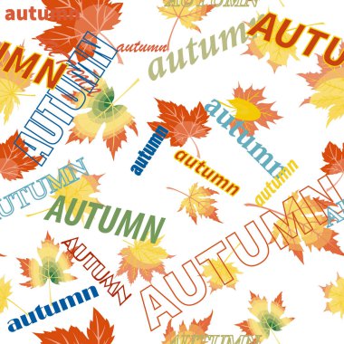Güz yapraklarının resmiyle kusursuz bir sonbahar arkaplanı ve iç plan, kartpostallar, kumaşların üzerindeki reklam pankartları ve baskılar için sonbahar sözcüğü, sonbahar renklerinde ambalaj.