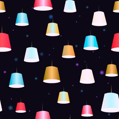 Kumaşlar, ambalajlar ve oda ve perakende mağazaların iç dekorasyonu için mavi arka planda çok renkli abajur resimlerine sahip kusursuz soyut arkaplan