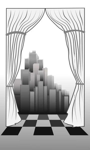 Illustrazione Raffigurante Una Vista Panoramica Della Città Una Finestra Toni — Vettoriale Stock