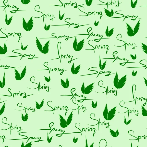 Çeşitli Yazıları Bitki Yapraklarıyla Yazısıyla Yazılmış Bahar Kelimelerini Betimleyen Yeşil — Stok Vektör