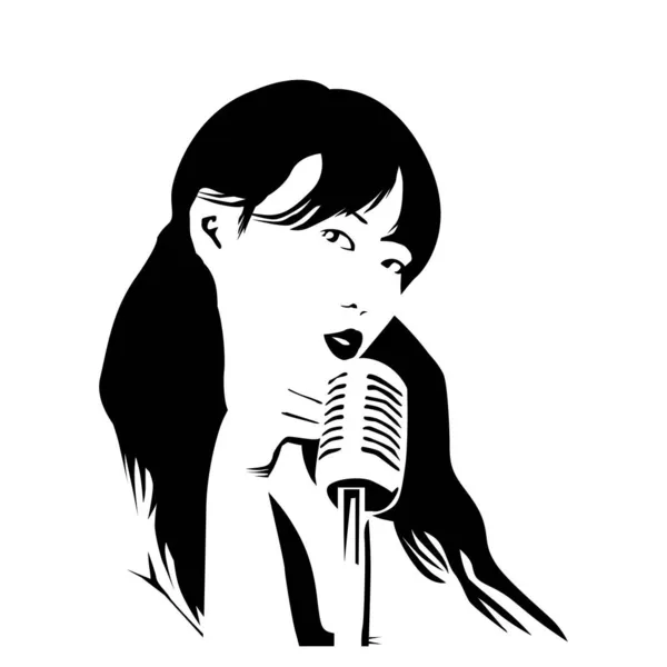 Black White Vector Illustration Depicting Girl Microphone Prints Clothes Flyers — Stock Vector