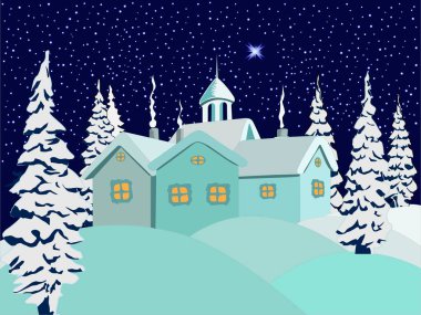 Yeni yıl kartı şeklinde vektör illüstrasyonunda, karla kaplı bir köy resmedilmiş.