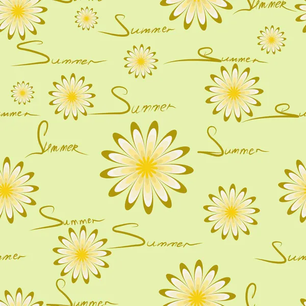 Seamless Pattern Image Daisies Words Summer Yellow Green Tones Bed — Stock Vector