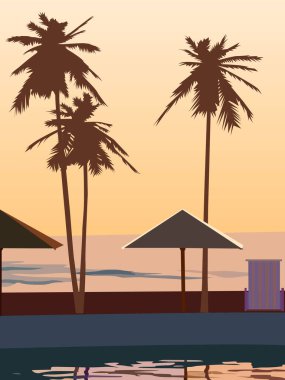 Palmiye denizinin kıyılarını ve plajı akşam renkleriyle tasvir eden vektör çizimi rahatlama ve dinlenme tarzında arka plan tasarımı için.
