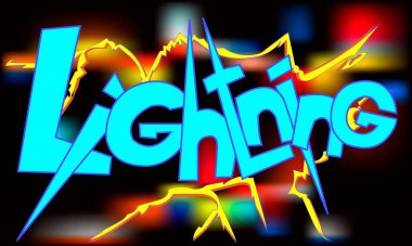 Yazı pankartları, giysiler, duvarlar, kartpostallar ve barların, stüdyoların, diskoların iç tasarımı için bir yazı ve yıldırım şeklinde renkli vektör çizimleri