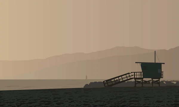 Paesaggio Con Immagine Una Spiaggia Deserta Sera Cabine Soccorso Progettazione — Vettoriale Stock