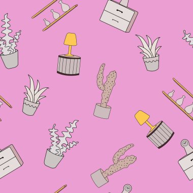 seamless pattern of images of furniture elements and housekeeping plants for decoration of backgrounds of rooms, postcards, websites