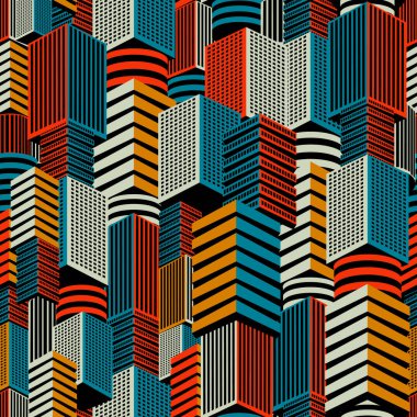 seamless, colored pattern with the image of multi-storey buildings of the metropolis for prints on banners, postcards, covers and for interior design