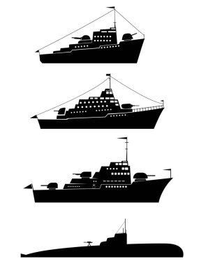 Etiketler, kartpostallar ve askeri tarzda illüstrasyonlar için savaş gemilerinin siyah beyaz siluetleri.