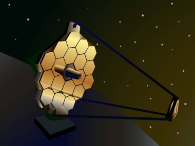 Bilim ve uzay keşiflerinin, web siteleri ve illüstrasyonların tasarımının bir sembolü olarak uzayda en son teleskopu tasvir eden illüstrasyon
