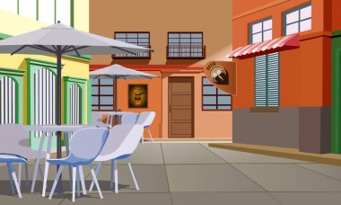 Küçük bir sokak ve iç mekan, pankart, kartpostallar ve seyahat ve tatil tarzında arka plan dekorasyonu için açık hava kafe tasvir eden vektör ilülasyonu