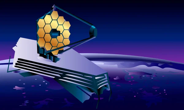 Ilustração Que Descreve Último Telescópio Com Espelhos Hexagonais Dourados Espaço — Vetor de Stock