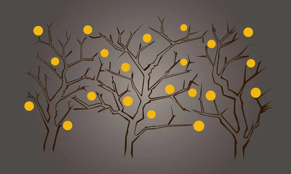 金色の果実を持つ茶色の背景に木のグループを描いたイラスト ポストカードやバナーのプリントや生産性や繁栄をテーマとしたインテリアデザインのために — ストックベクタ