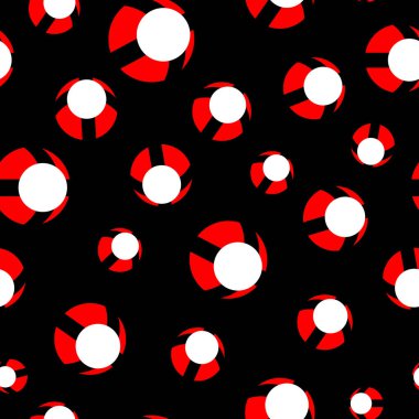 Kumaş, giysi, ambalaj ve dekorasyon için yuvarlak şekillerin kırmızı ve beyaz renklerinde kusursuz desen.