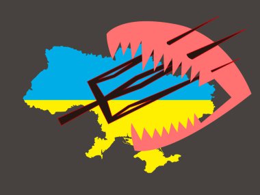 Ukrayna haritalı vektör savaş karşıtı illüstrasyon ve afiş ve posterlerdeki baskılar için askeri saldırganlığın yansımasının stilize edilmiş bir görüntüsü.