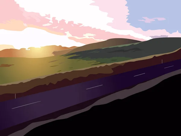 Ilustración Color Vectorial Que Representa Paisaje Una Zona Montañosa Con — Archivo Imágenes Vectoriales