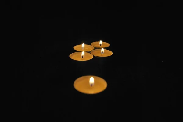Burning Candles Dark Room Tealight Flames Light Darkness — Stockfoto