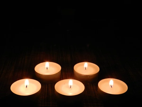 Burning Candles Dark Room Tealight Flames Light Darkness —  Fotos de Stock