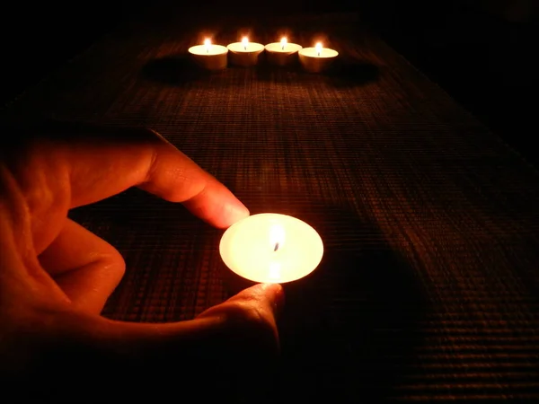 Burning Candles Dark Room Tealight Flames Light Darkness —  Fotos de Stock