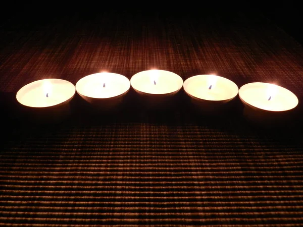 Burning Candles Dark Room Tealight Flames Light Darkness —  Fotos de Stock