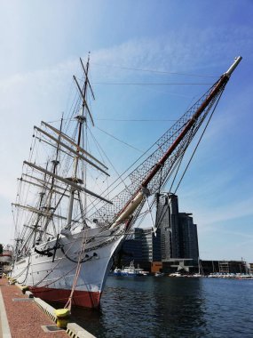 Ship moored in the port of Gdynia. Baltic Sea coast. Summer.