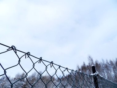 Çitin bir parçası. Tel örgüler. Kış mevsimi. Çok fazla kar var..