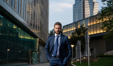 Ofis dışında takım elbiseli kendine güvenen girişimci, iş modası.