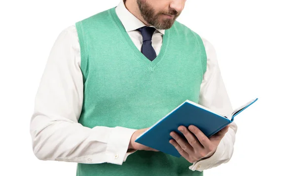 Homme d'affaires lisant un cahier. PDG réussie avec bloc-notes. rogné homme planification son travail — Photo