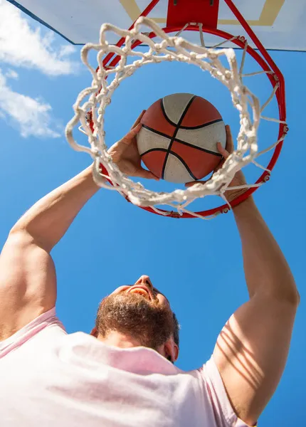 Guy has sport motivation. sport and hobby. dunk in basket. slam dunk in motion. — Stock Photo, Image