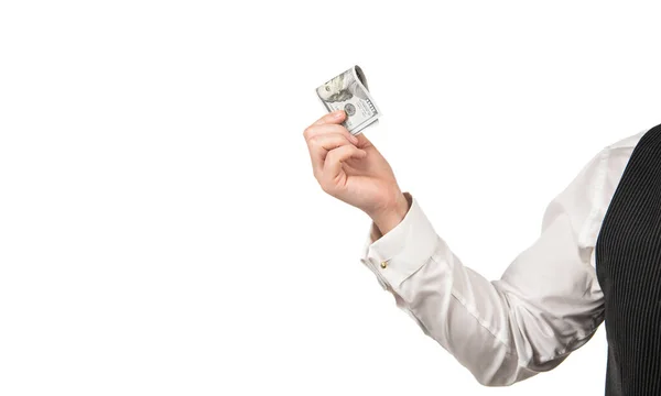 Sto dolarów gotówką w ręku człowieka odizolowany na białym tle, wypłaty — Zdjęcie stockowe