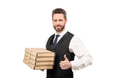 Olgun patron, parmak gösteren klasörler yığınını tut, çalış