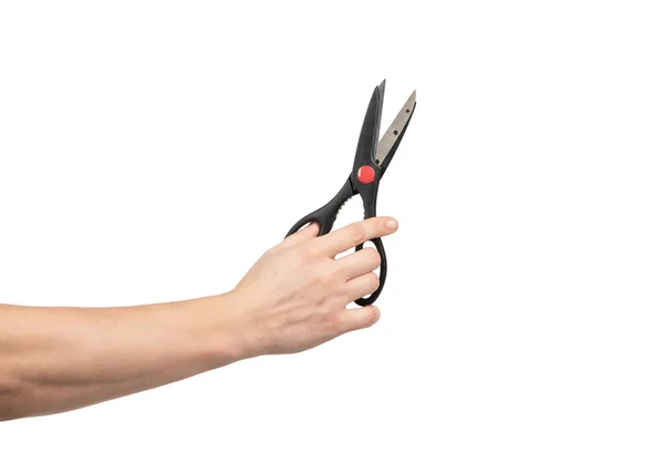Tesoura ferramenta barbeiro na mão isolado em branco, artigos de papelaria — Fotografia de Stock
