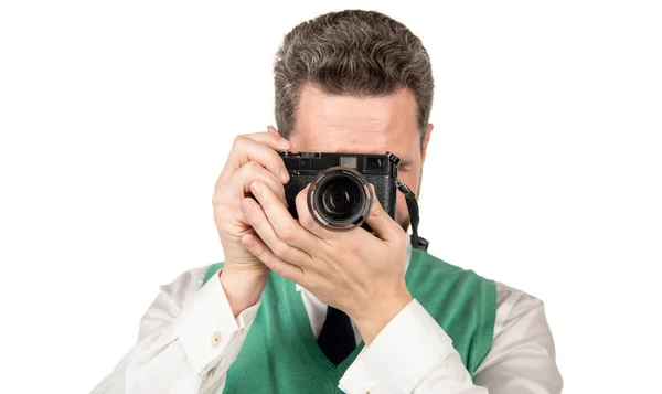 Fotógrafo com câmera profissional isolado em branco, photoshoot — Fotografia de Stock