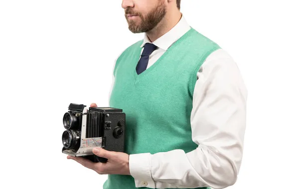 Facet trzymający aparat fotograficzny. amatorskie i profesjonalne zdjęcia. — Zdjęcie stockowe