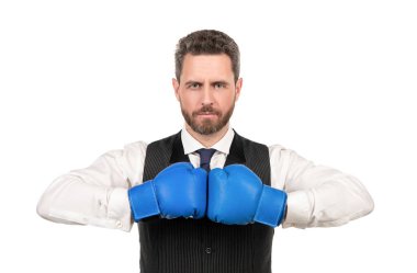 Boks eldivenli kendine güvenen iş adamı beyaz arka planda izole edilmiş, boks