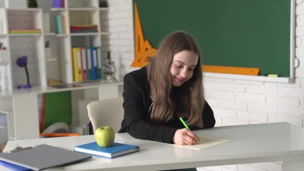 Niño sonriente escribiendo en el cuaderno escolar en el aula, la escuela — Vídeo de stock