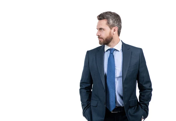 Serious professional man in formal business suit look aside isolated on white copy space, manager — Stock Photo, Image