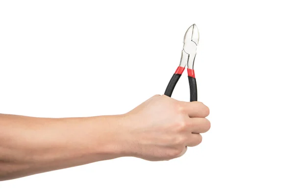 Mão com ferramenta de reparo alicate isolado no branco, reparando — Fotografia de Stock