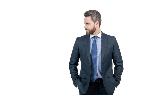 진지 한 사업가 직업 남자 흰색 복제품 공간에 고립된 비즈니스 슈트를 입습니다, 보스 — 스톡 사진