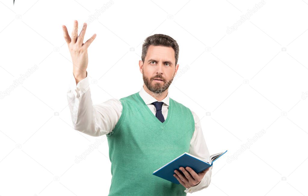 man planning his work. boss ready to examine business report isolated on white.